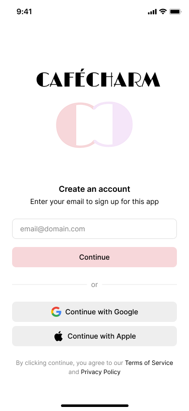 CaféCharm mobile app prototype mockup