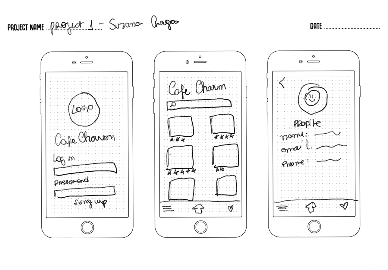 CaféCharm app wireframes and sketches