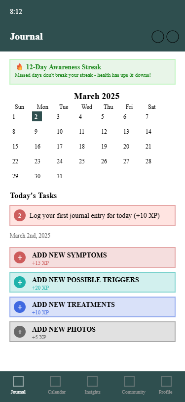 Low-fidelity wireframe grid showing home, log flow, insights, and badges screens